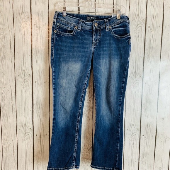 Womens Silver Aiko Rivets Flap Pocket Capri Denim Blue Jeans Sz W 30 L 22 - Picture 1 of 9